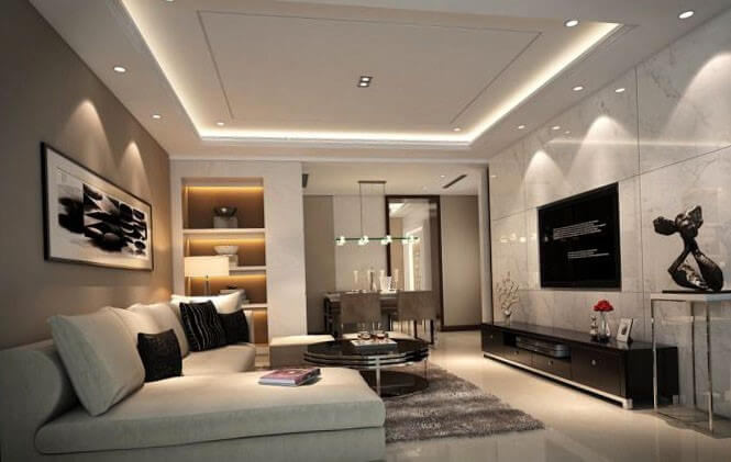 белый глянцевый натяжной потолок в гостиной