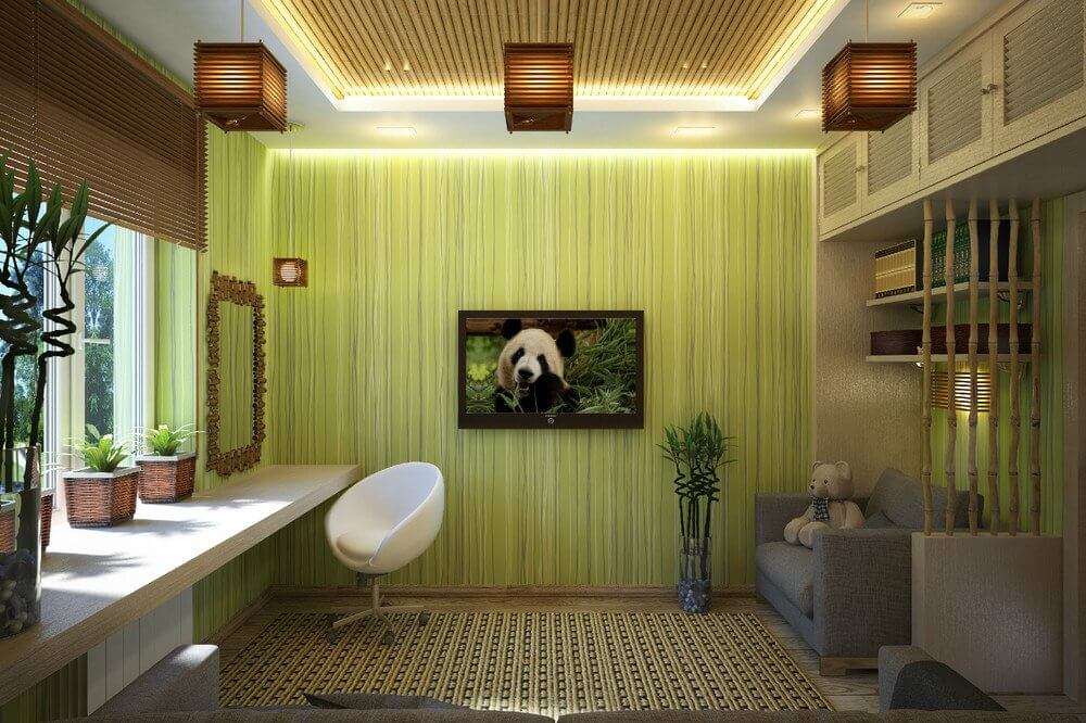 красиві салатові бамбукові шпалери в дитячій