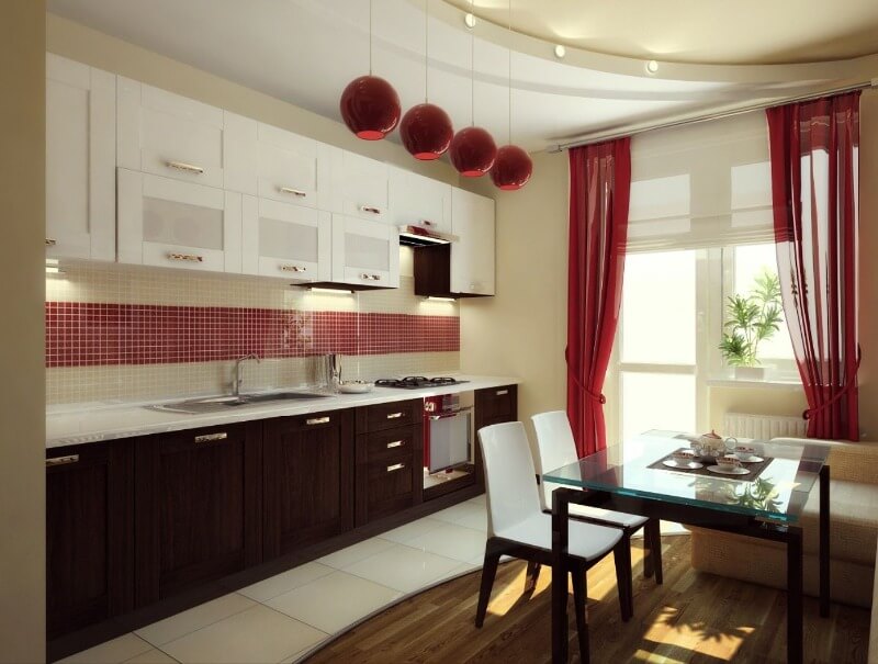 красивые красные шторы в интерьере кухни