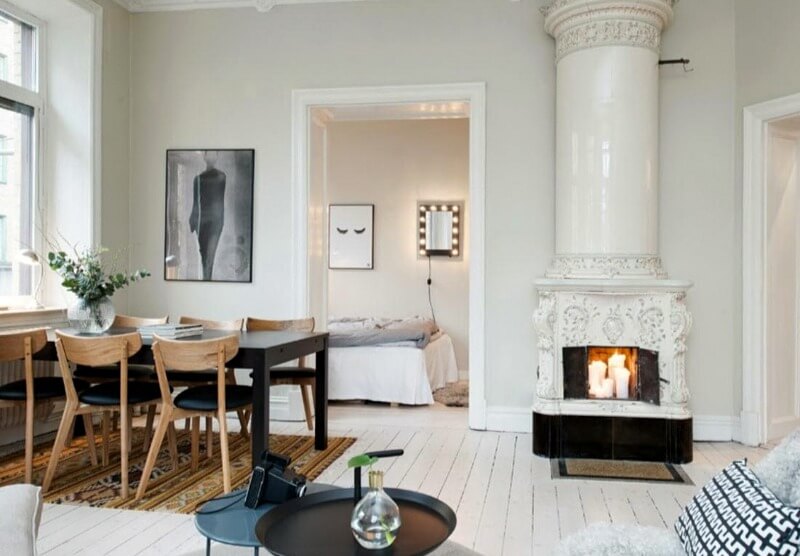 скандинавский интерьер с камином