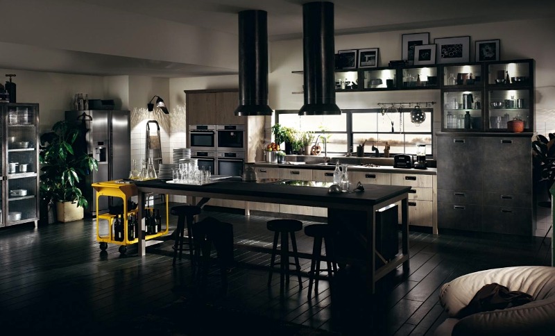 велика кухня-лофт темні відтінки