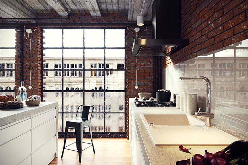 панорамні вікна на кухні лофт