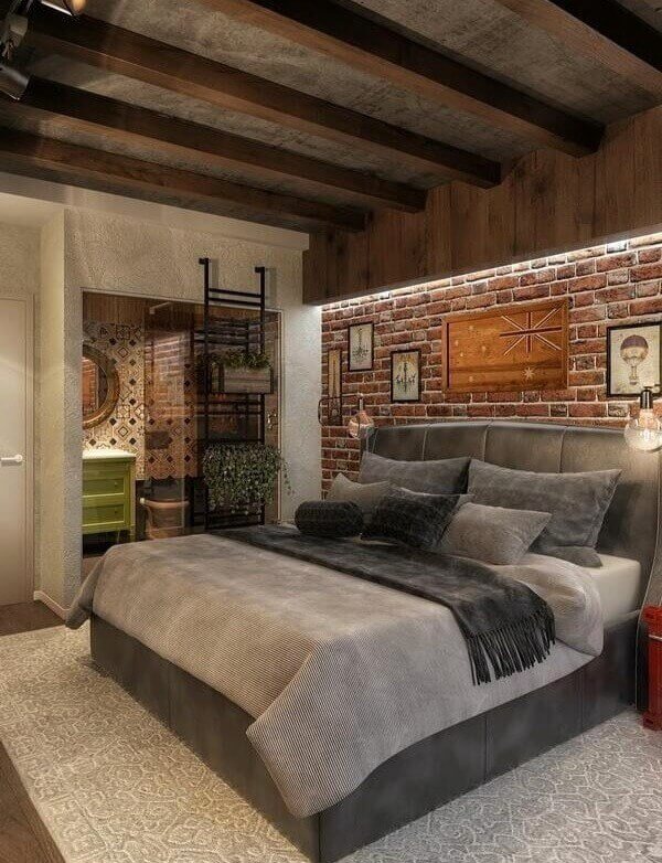 дизайн спальні коричневого кольору в стилі лофт