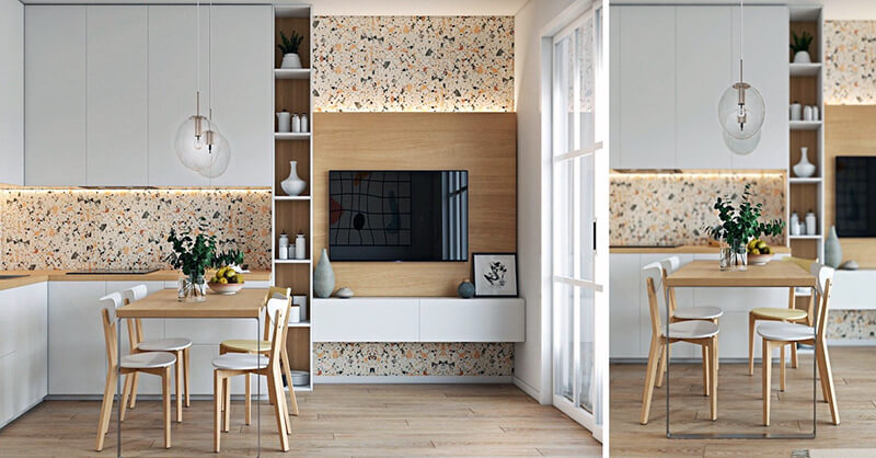 дизайн белой кухни с паркетом