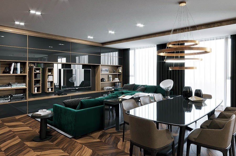 Вітальня з великими вікнами та темним дизайном інтер'єру