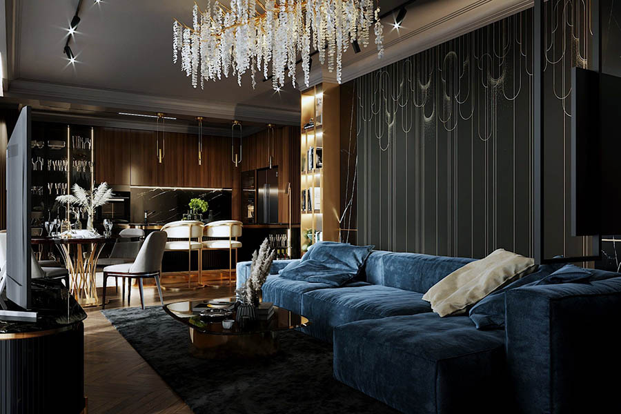 Приклад темного оформлення вітальні