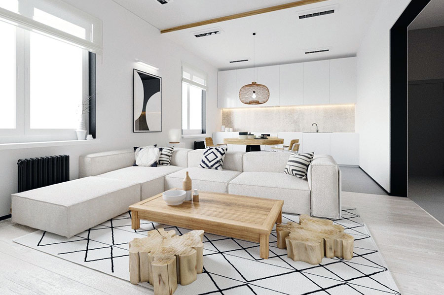 Сучасна обстановка у вітальні зі світлими стінами