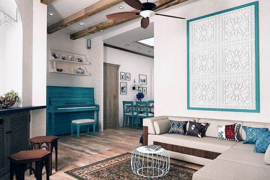 Інтер'єр вітальні в яскравих тонах та з музичними інструментами