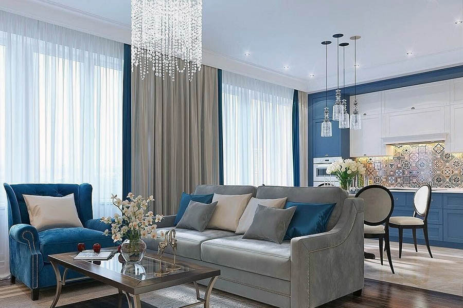 Класичний інтер'єр вітальні з розкішними меблями та люстрою