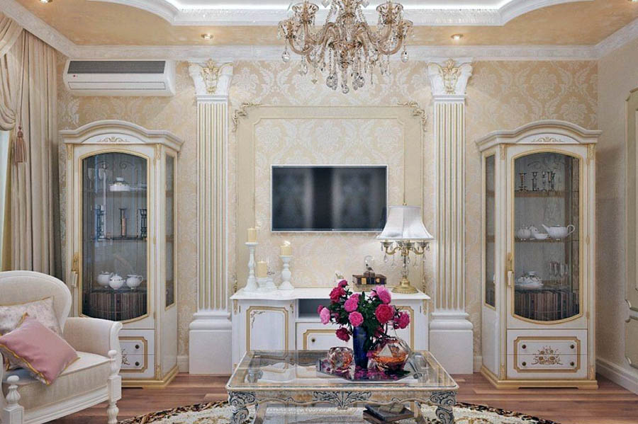 Класичний інтер'єр вітальні у бежевих тонах