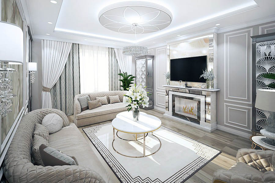 Оздоблення стелі різного рівня у вітальні