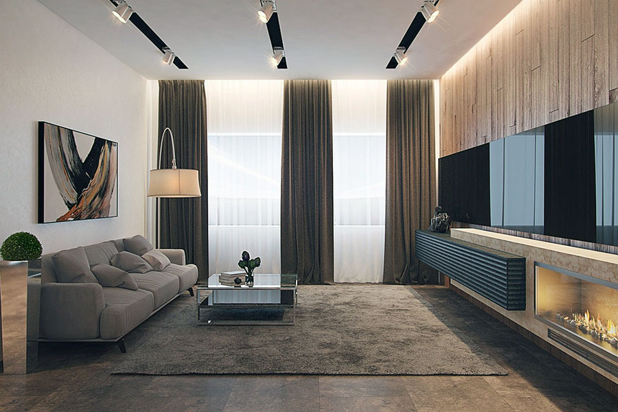 Технологічна вітальня з мінімалістичним дизайном інтер'єру