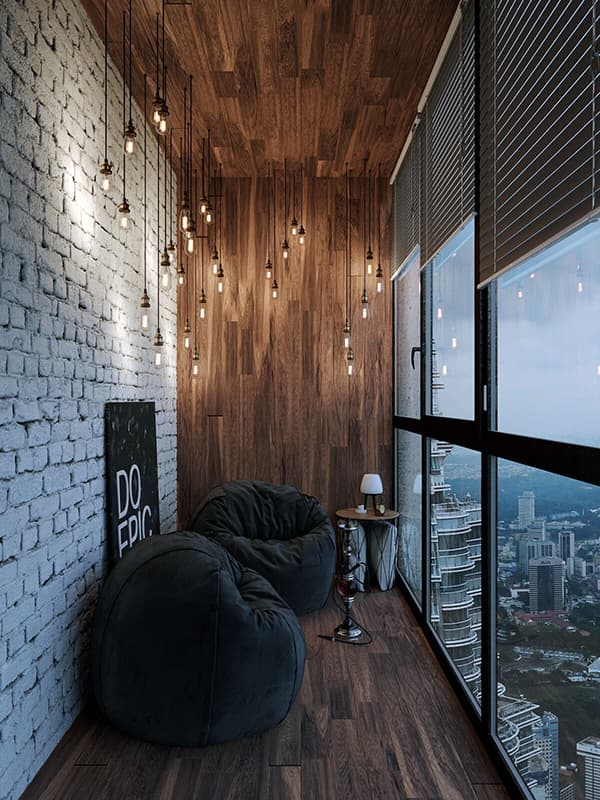 Просторий балкон з інтер'єром в стилі лофт