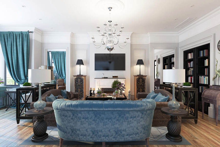 Інтер'єр просторої і великої кімнати в світлих тонах