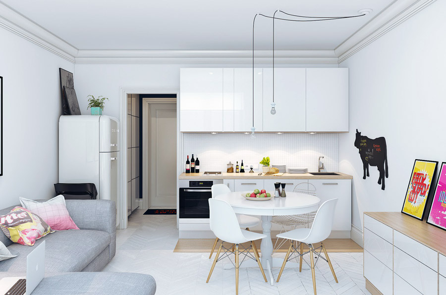 Реальний приклад кутової кухні зі столом та телевізором