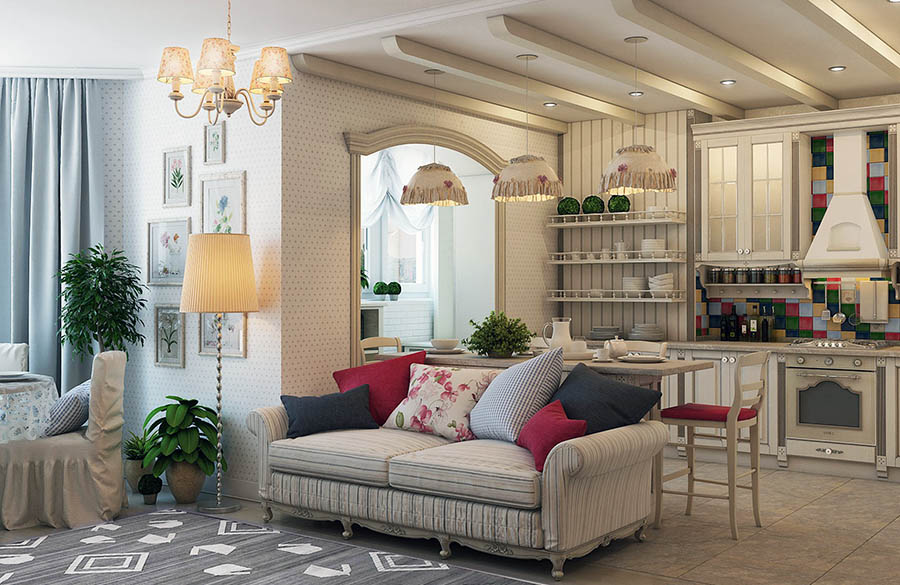 Барна стійка за диваном у квартирі студії