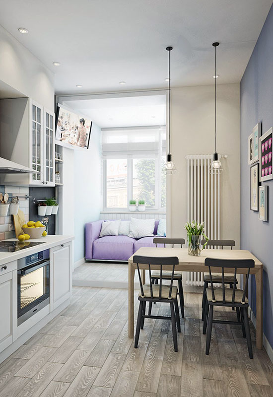 Дизайн маленької кухні із зоною для відпочинку на балконі