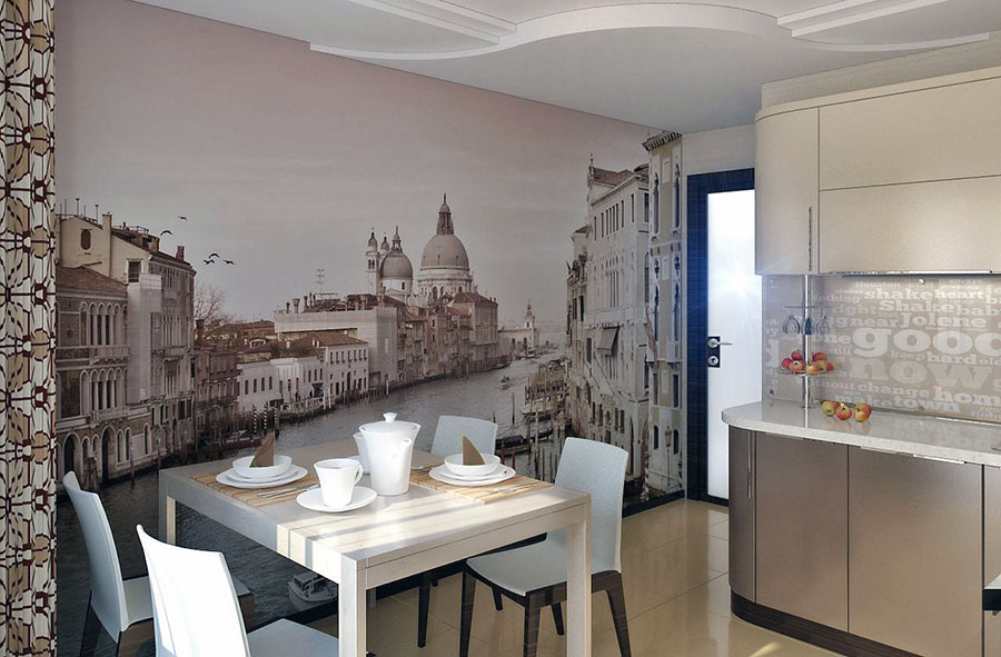 Фотошпалери з просторовими мотивами для маленької кухні