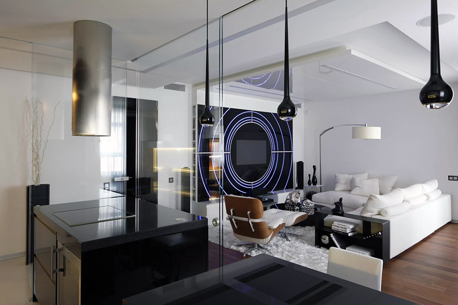 Приклад відповідної обстановки вітальні в стилі хай-тек