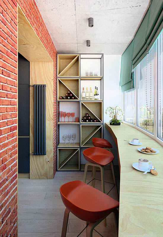 Широка та вигнута барна стійка на балконі