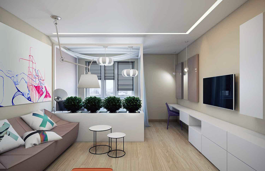 Зонування простору вітальні перегородкою з квітами