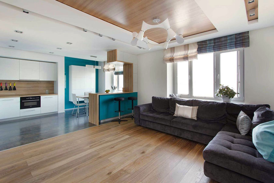 Барная и рабочая зона в большой квартире-студии