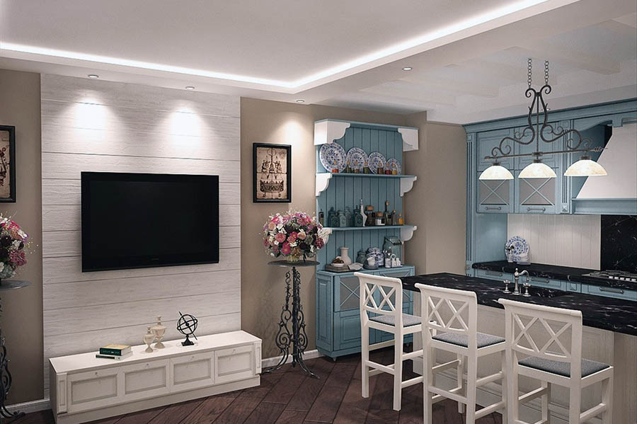 Барная стойка в комнате рядом с телевизором