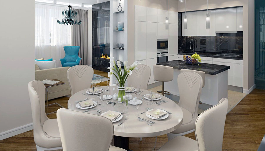 Барная стойка в столовой с круглым столом