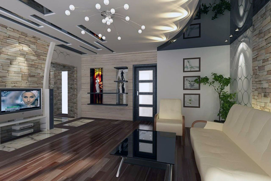 Ідеї оформлення стелі у просторій вітальні
