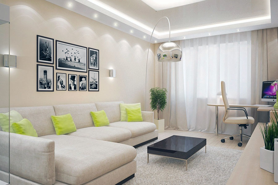 Интерьер гостиной комнаты в нежных пастельных тонах