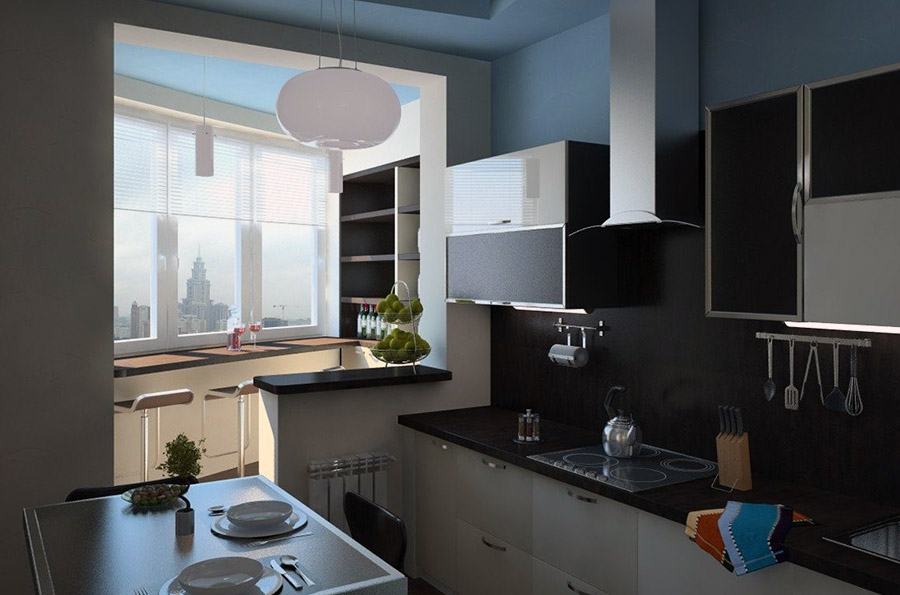 Маленькая кухня с барной стойкой на балконе