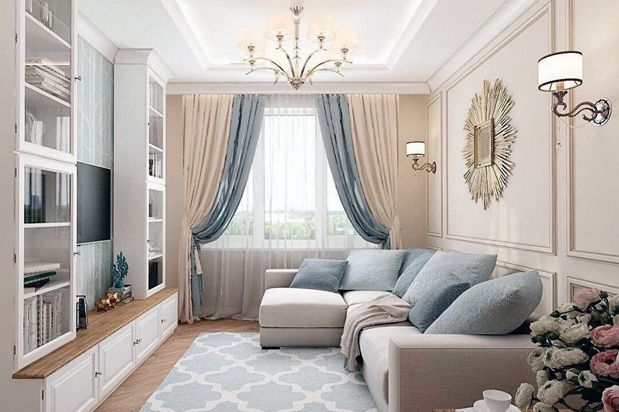 Оздоблення світлої вітальні в класичному стилі