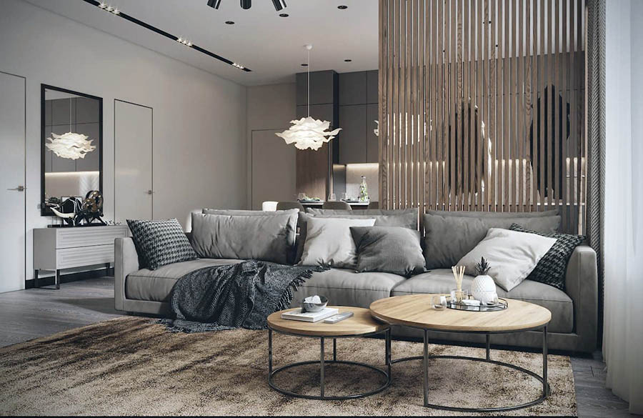 Реальний приклад зали з використанням зонування та теплих відтінків