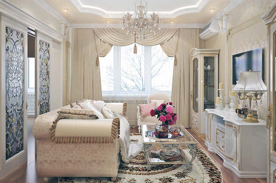 Уютный зал с интерьером в классическом стиле