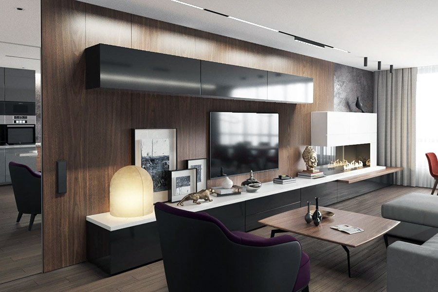 Уютный зал с обстановкой в хай-тек стиле