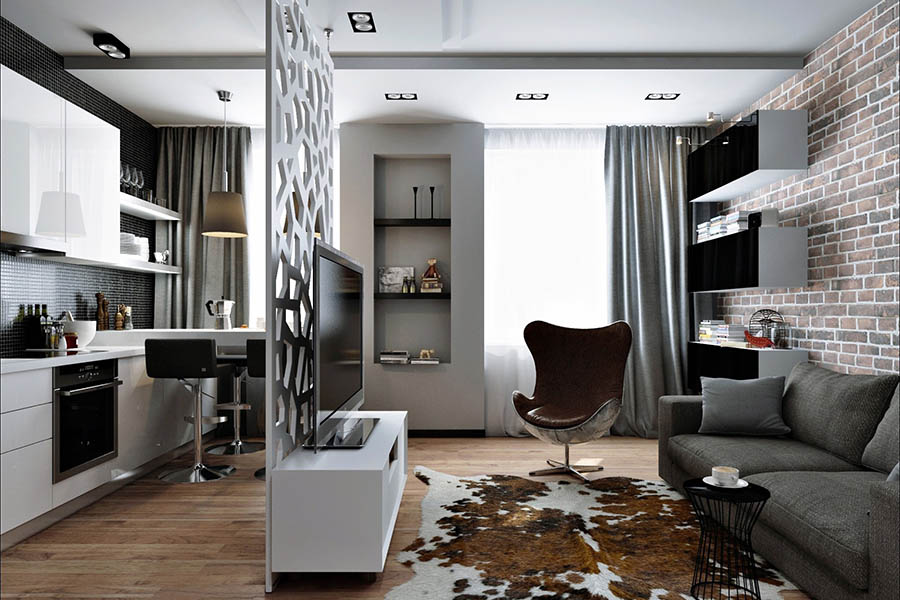 Гарний інтер'єр квартири студії з дизайном у стилі лофт