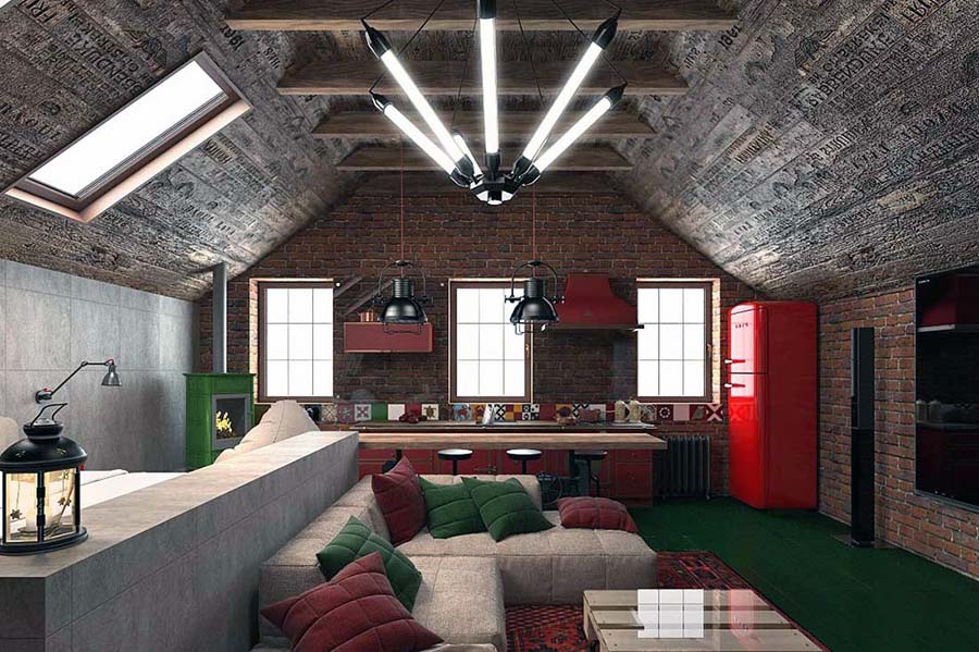 Дуже простора мансарда з диваном та столом