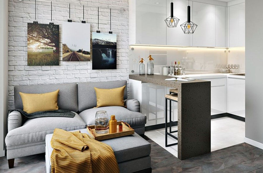 Квартира студия с барной стойкой для разделения пространства