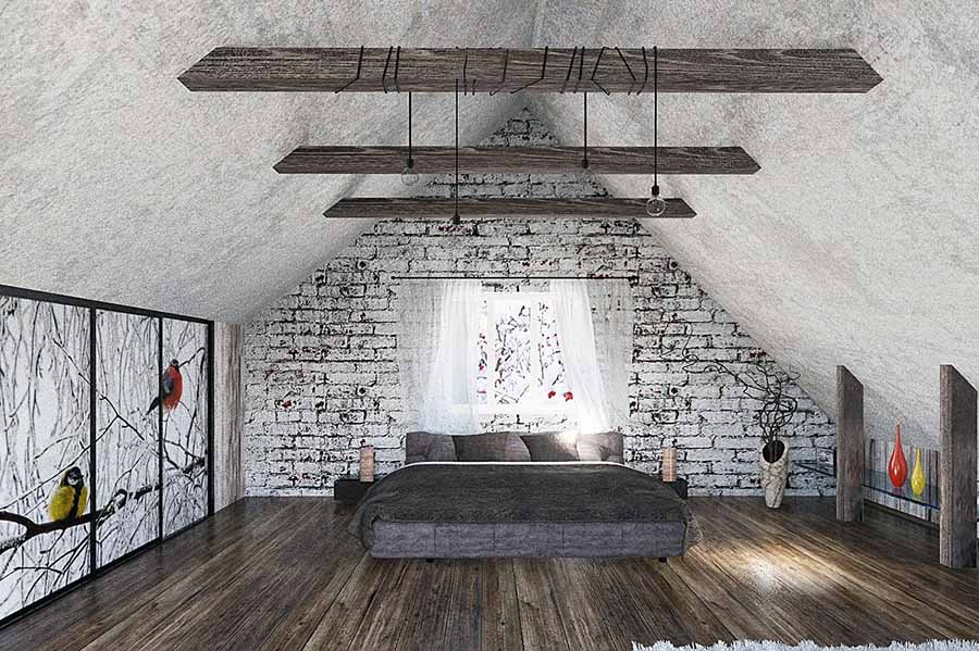 Пример оформления двускатной мансарды с дизайном в стиле лофт