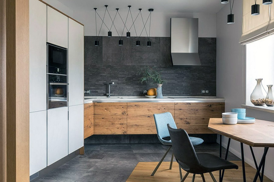 Інтер'єр кухні в стилі лофт без верхніх шаф