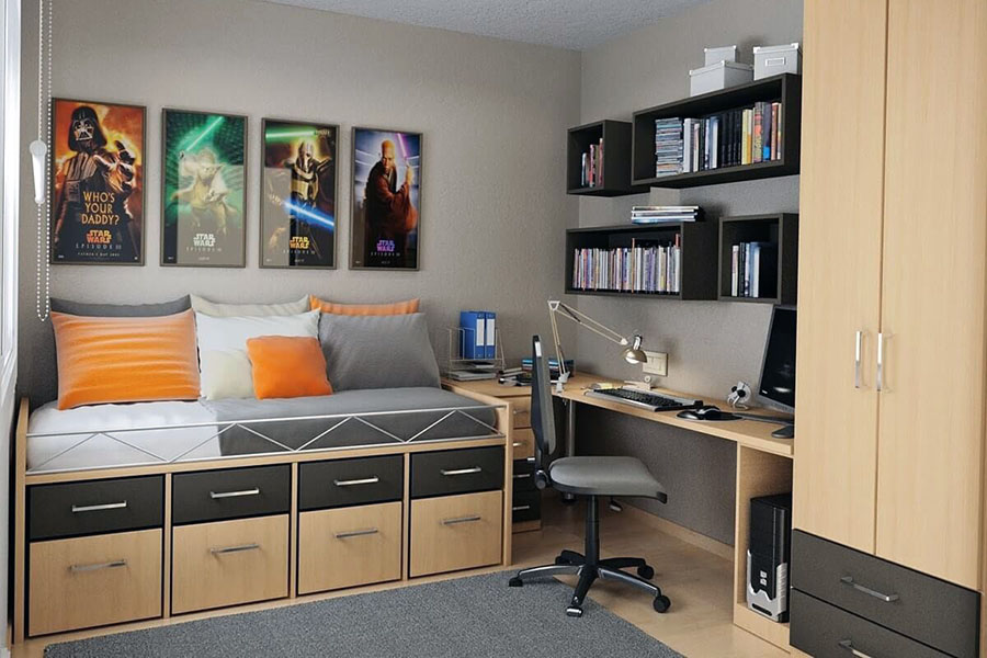 Підліткова кімната із зручними шафами та великим ліжком