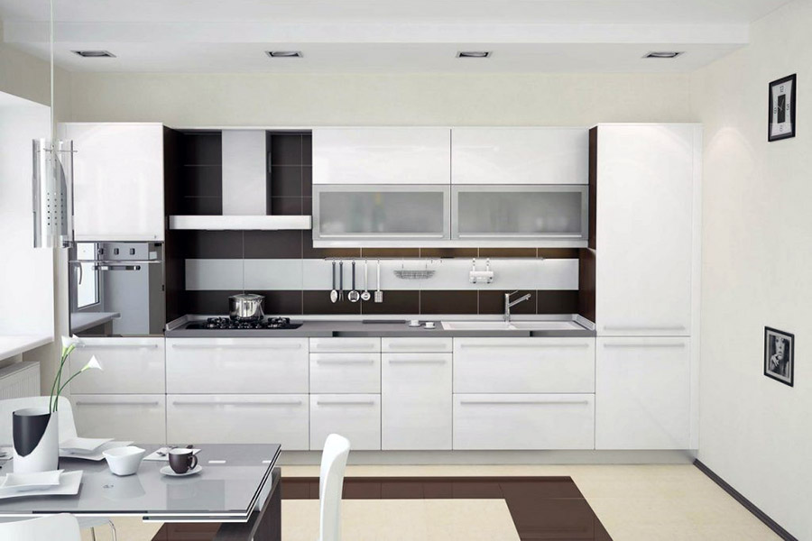 Приклад оформлення кухні з інтер'єром хай-тек у біло-коричневих тонах
