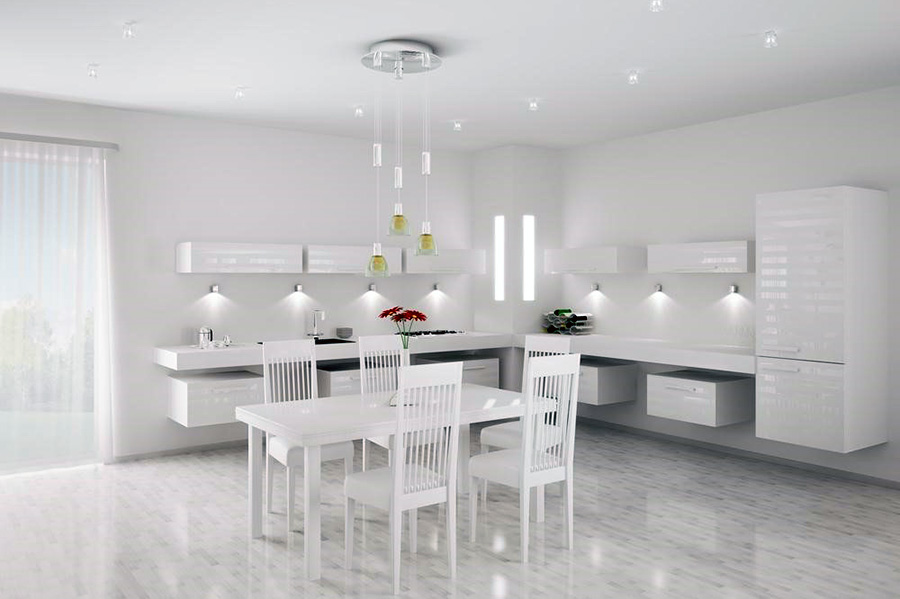 Світла кухня в стилі хай-тек з великою кількістю освітлювальних приладів