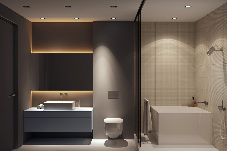 Ванна кімната з інтер'єром у стилі мінімалізм із гарним освітленням усіх зон