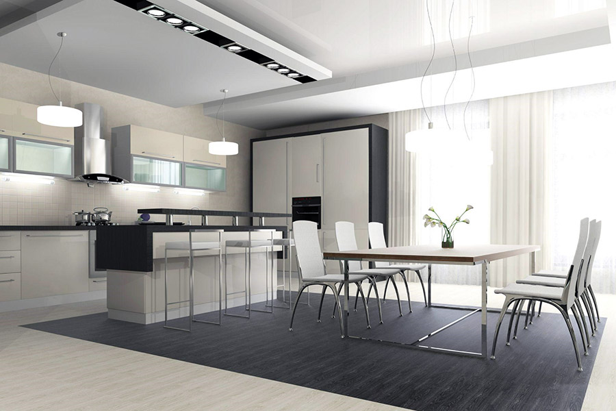 Завершений проект сучасної хай-тек кухні з гарною системою освітлення та високою стелею
