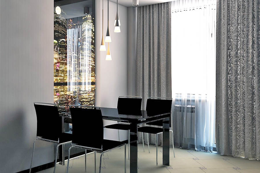 Хай тек кухня в темных тонах с декором стены и подходящими шторами