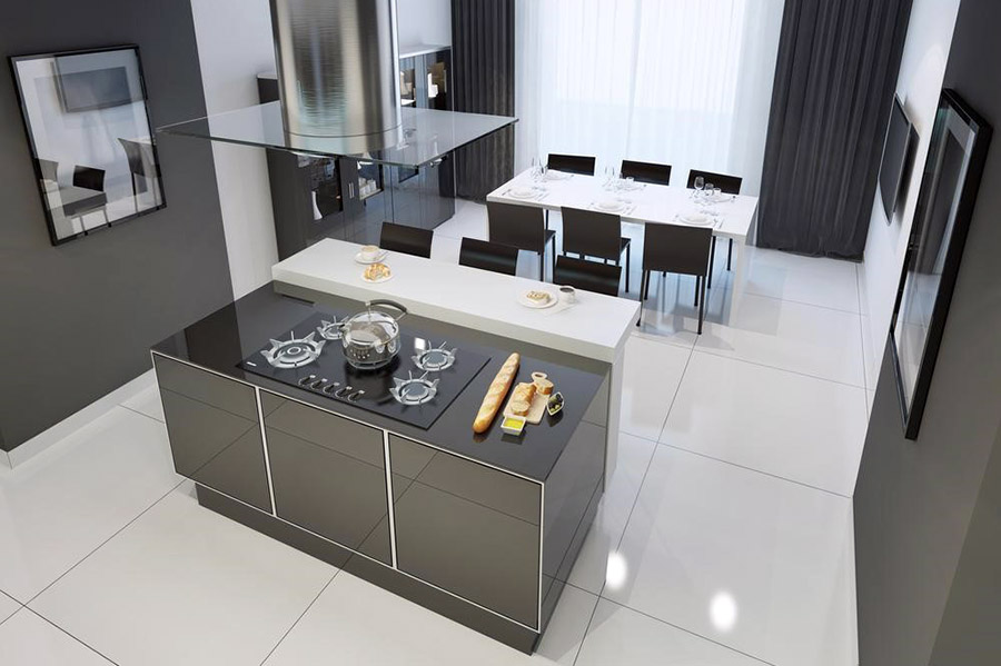 Приклад інтер'єру практичної кухні в стилі хай-тек з мінімумом прикрас