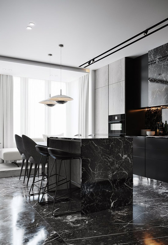 Приклад зручної кухні з інтер'єром у стилі хай-тек