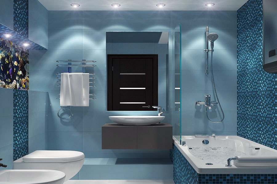 Плитка яскравих акцентних відтінків у ванній кімнаті із сучасним дизайном інтер'єру