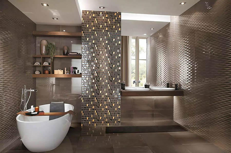 Приклад красивої ванної кімнати з великою плиткою кавового кольору